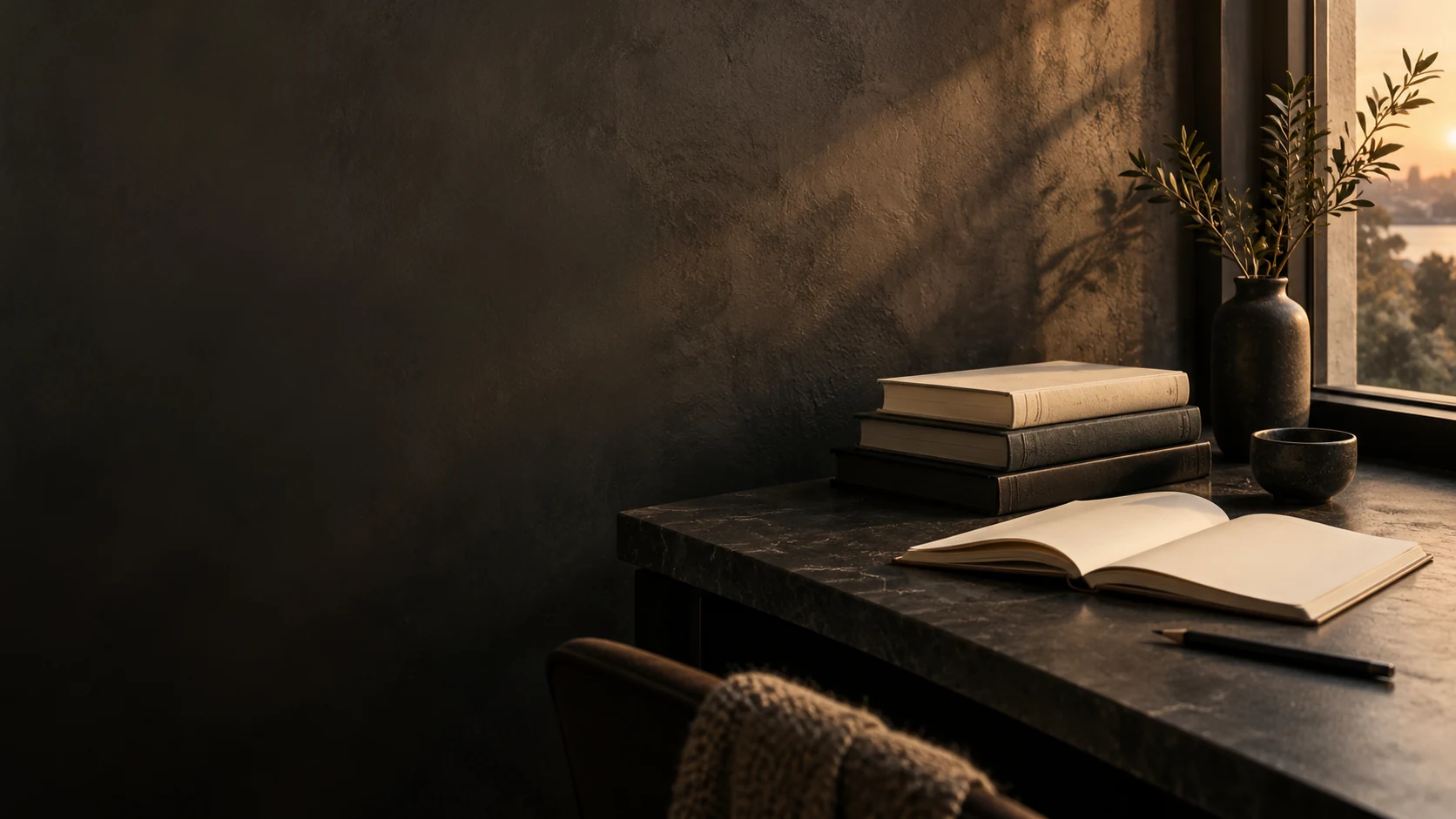 Blank books and a notebook in warm window light