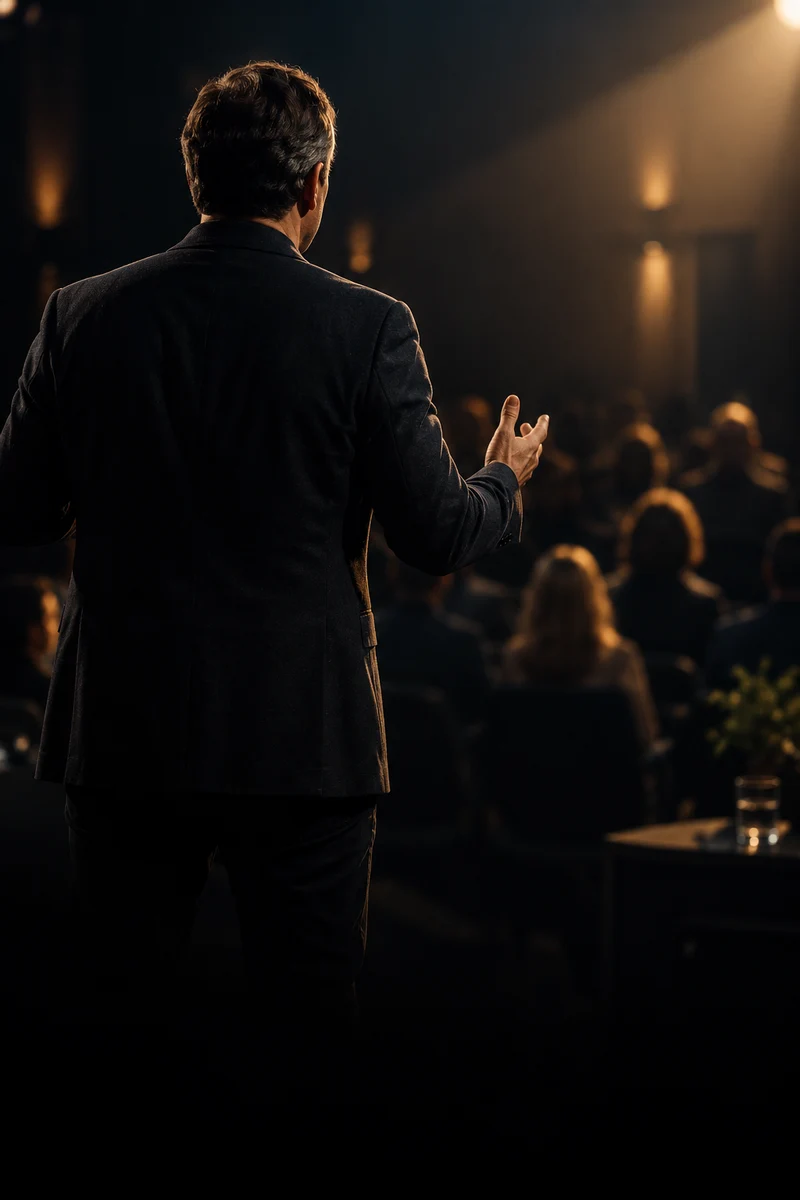 A speaker viewed from behind addressing a softly lit audience