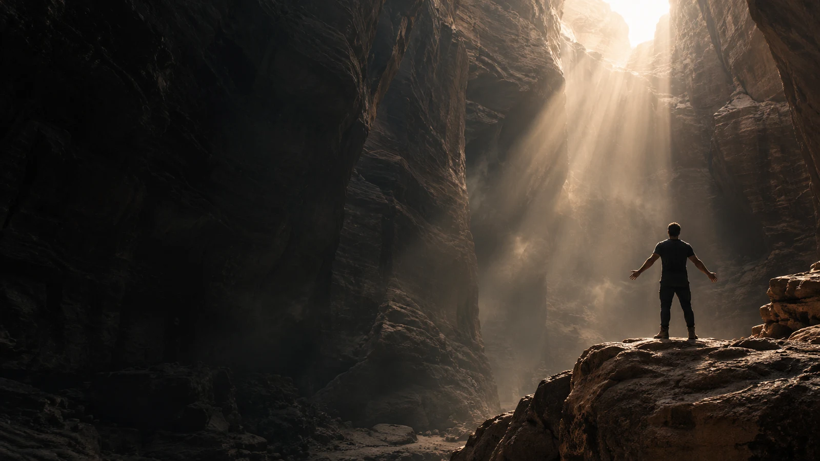 A figure viewed from behind standing beneath a shaft of sunlight in a monumental canyon