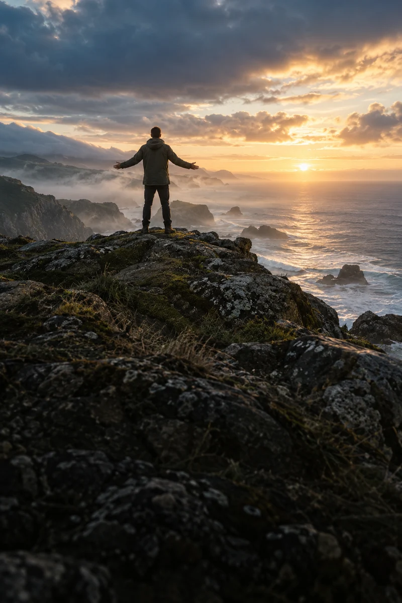 A figure seen from behind greeting the sunrise above a rugged coastline