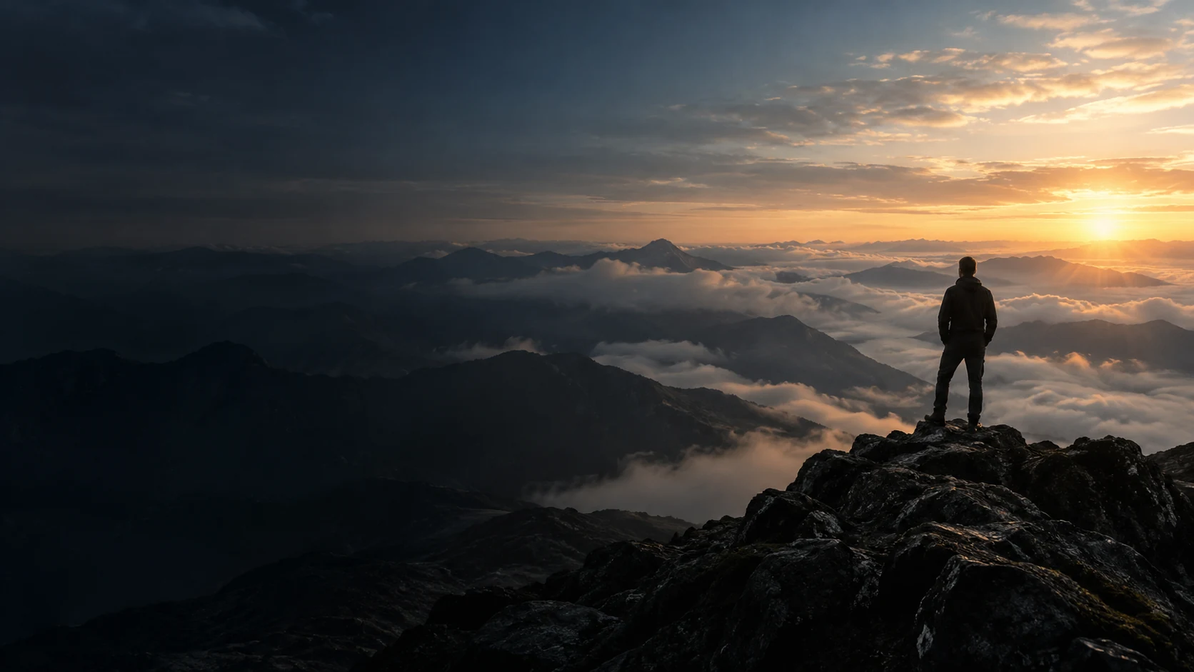 A person seen from behind on a mountain ridge at sunrise