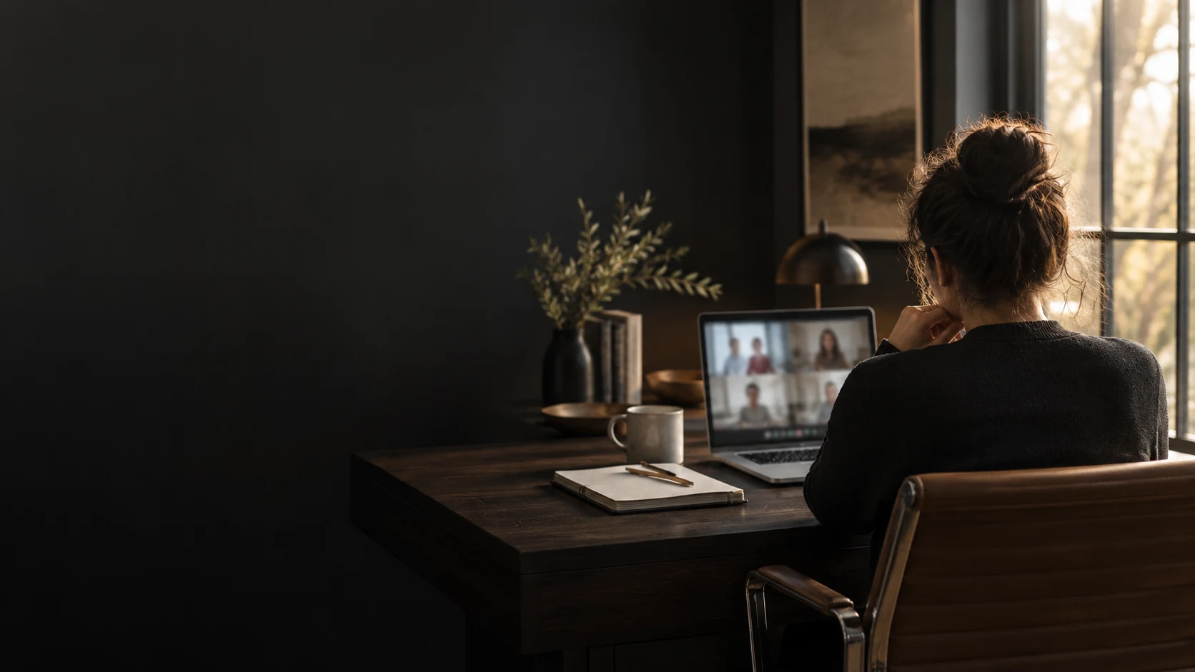A person seen from behind taking part in an online mentoring session